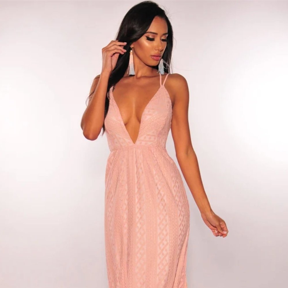 (0206) BLUSH LACE NUDE ILLUSION CRISSCROSS MAXI DRESS (Hot Miami Styles)